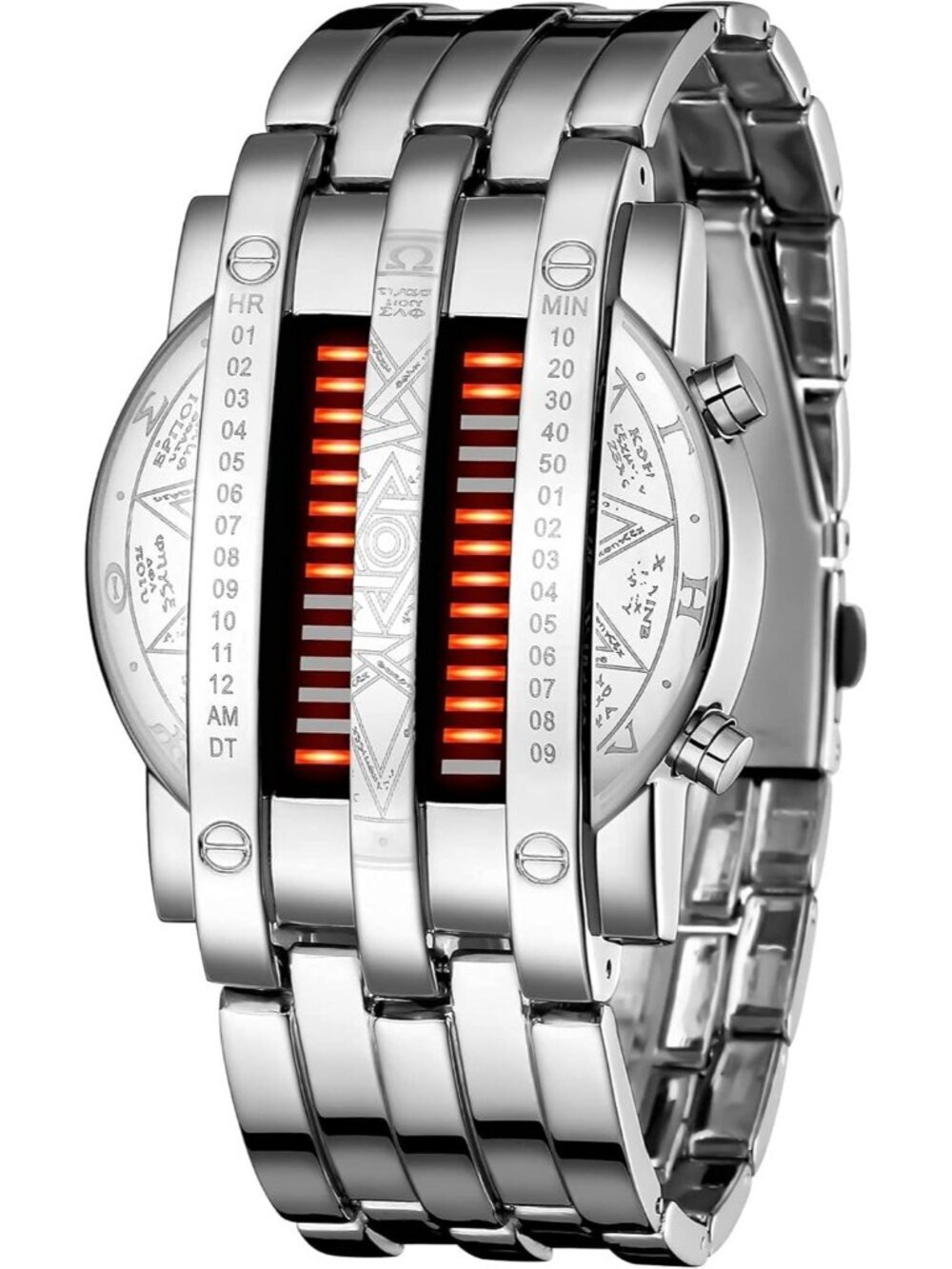 Mens Silver Orange Analog Quartz Bracelet Waterproof Binary Matrix Digital Watch